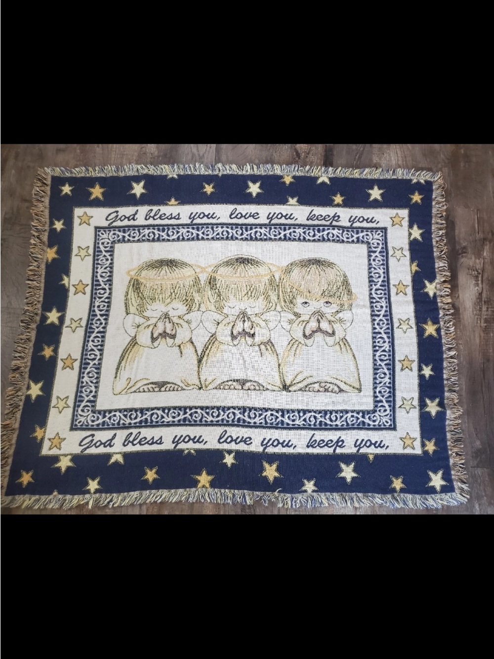 Prayer Angel Tapestry Throw Blanket - Blue, Cream, Gold